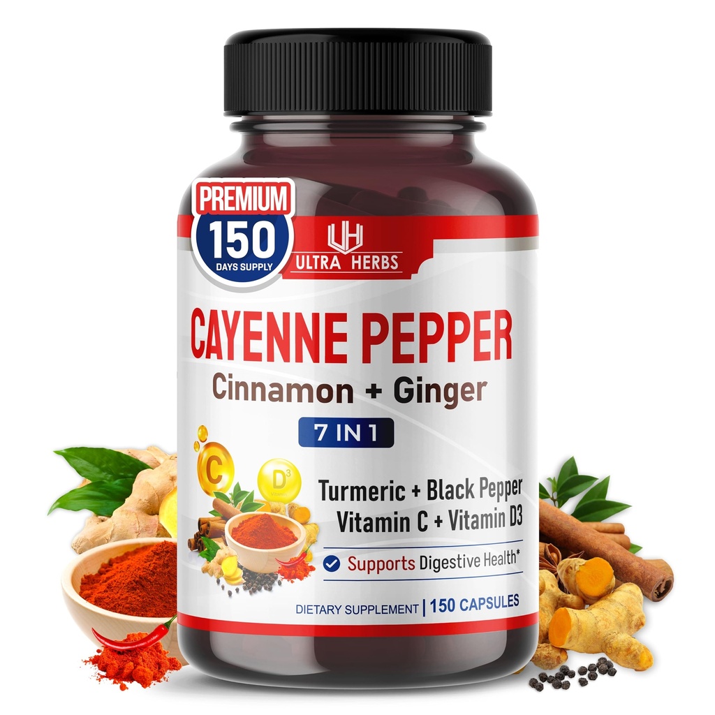 Pepe di Cayenne 7 in 1 - - con zenzero, curcuma, cannella, pepe nero - promuove la funzione di sistema digestivo (alimentazione di 150 giorni)