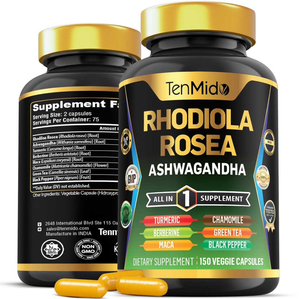 Rhodiola Rosea Supplemento - Formula 8in1 - Combina con Ashwagandha, Turchese, Berberina, Maca, Camomilla, The verde e Pepe Nero - Nutriente Rich - 150 Capsule Vegan