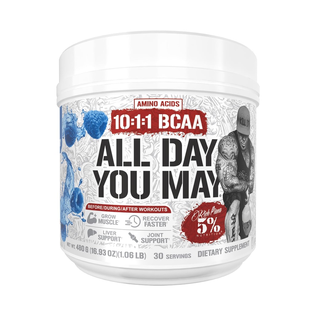 5% Nutrition Rich Piana AllDayYouMay BCAA Powder | Premium Intra & Post Workout Aminoacidi, EAA, Electrolytes | Idratazione, Endurance, Recovery | Vegan & Keto | 16.4 oz, 30 Srvgs (Blue Raspberry)