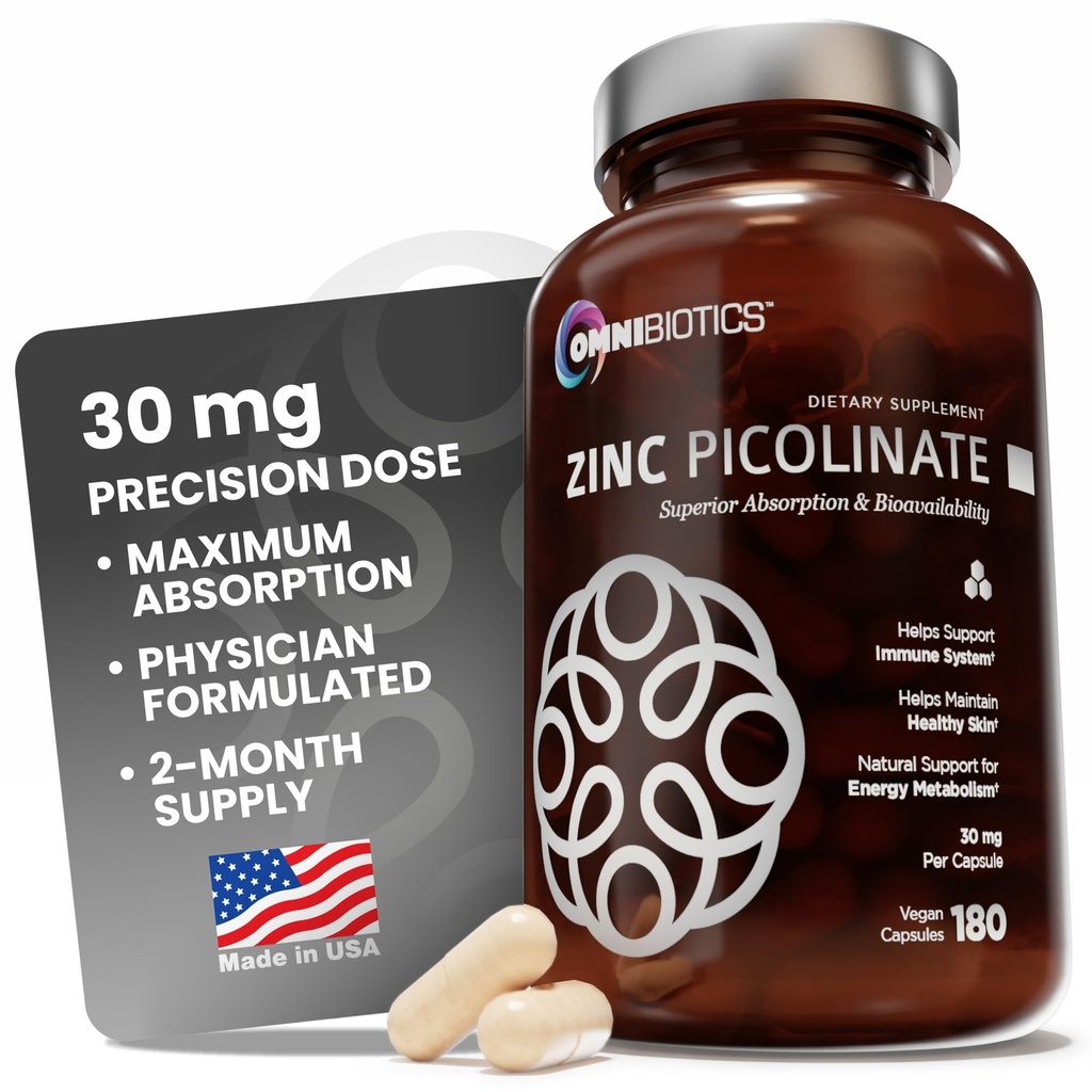 OmniBiotics Zinc Picolinate 30mg Supplemento – Zinco ad alto assorbimento per il sistema immunitario, la pelle sana e il supporto energetico – 180 capsule vegane