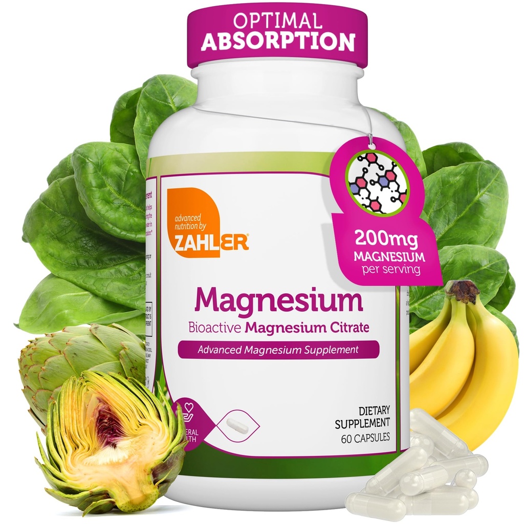 Zahler - Magnesio Supplemento capsule 200 mg (60 Conte) Certificato Kosher Citrato di Magnesio Bioattivo per Assorbimento Max - Magnesio Naturale Minerale per Uomini e Donne - Migliori Integratori di Magnesio