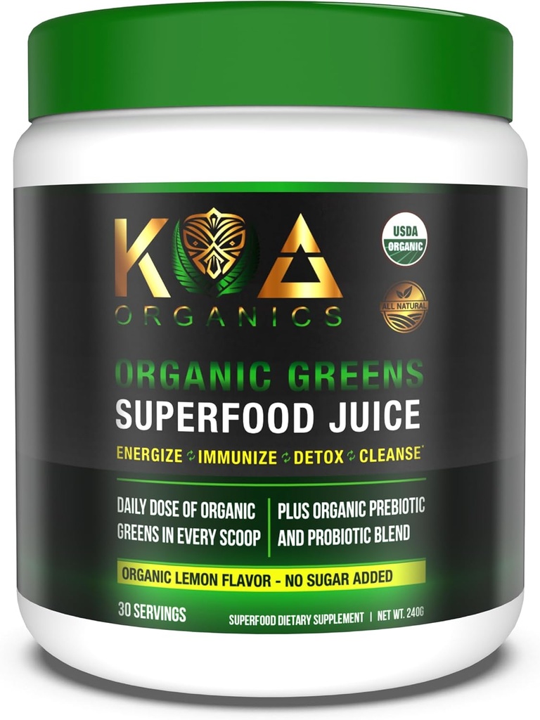 Greens Superfood Juice Powder - USDA Organic Super Greens Polvere con Spirulina, Chlorella, Matcha, erba di grano, enzimi digestivi e probiotici - Lemon Flavor -30 ServQ