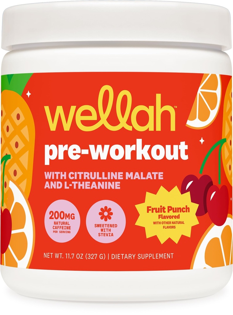Wellah Pre-Workout Drink Mix (Fruit Punch Flavored, 30 Serve) - con Citrulline Malate e L-Theanine, 200mg di caffeina naturale & 1000mg di Beta-Alanine