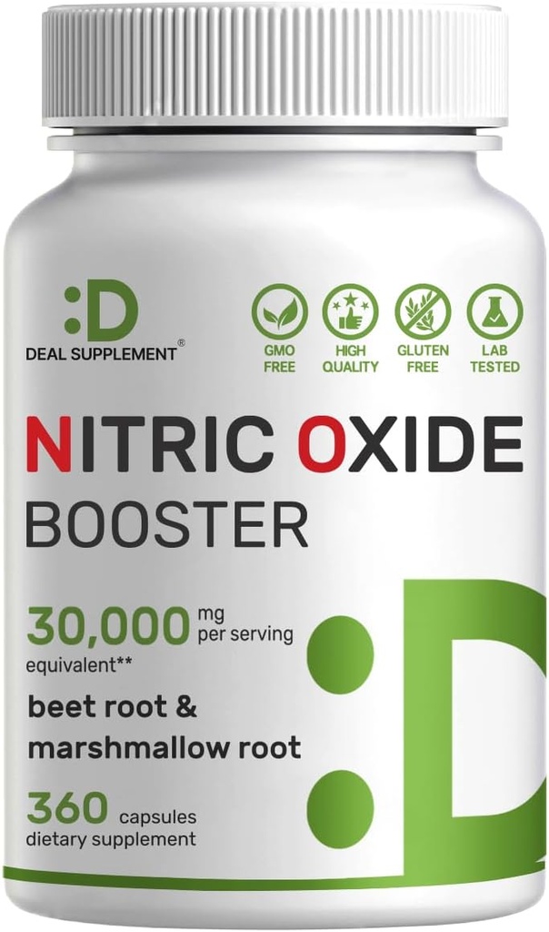 DAL SUPPLEMENTO Nitric Oxide Booster 30.000mg Equivalente, 360 capsule – Natural Beet Root & Marshmallow Root Herbal Blend – promuove Nutriente Flow to Muscles & Heart – Non-OGM