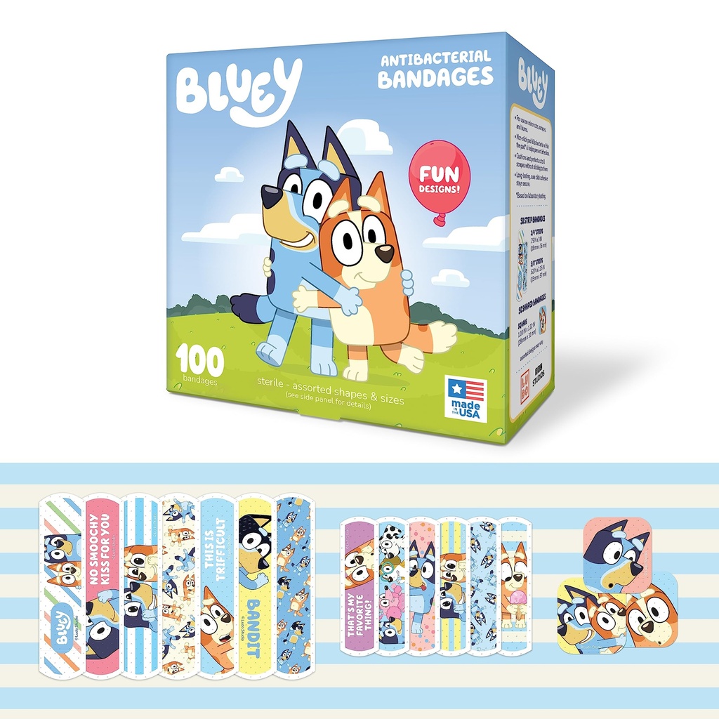 Bluey Kids Bandages, 3 dimensioni assortite 100 CT | Indossare come adesivi, bandiere flessibili per tagli minori, graffette e ustioni. Grande idea regalo e Stocking Stuffer