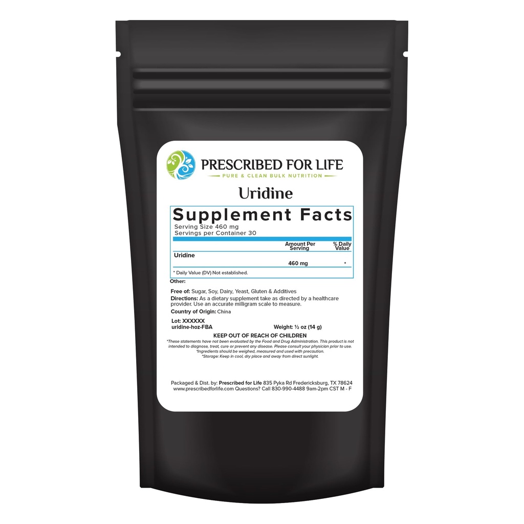 Prescritto per Uridina di vita, Polvere monofosfato di Uridina pura, Supplemento nootropico per la memoria, la chiarezza, & messa a fuoco, senza riempitivi, senza additivi, vegano, non OGM (0.5oz / 14g)