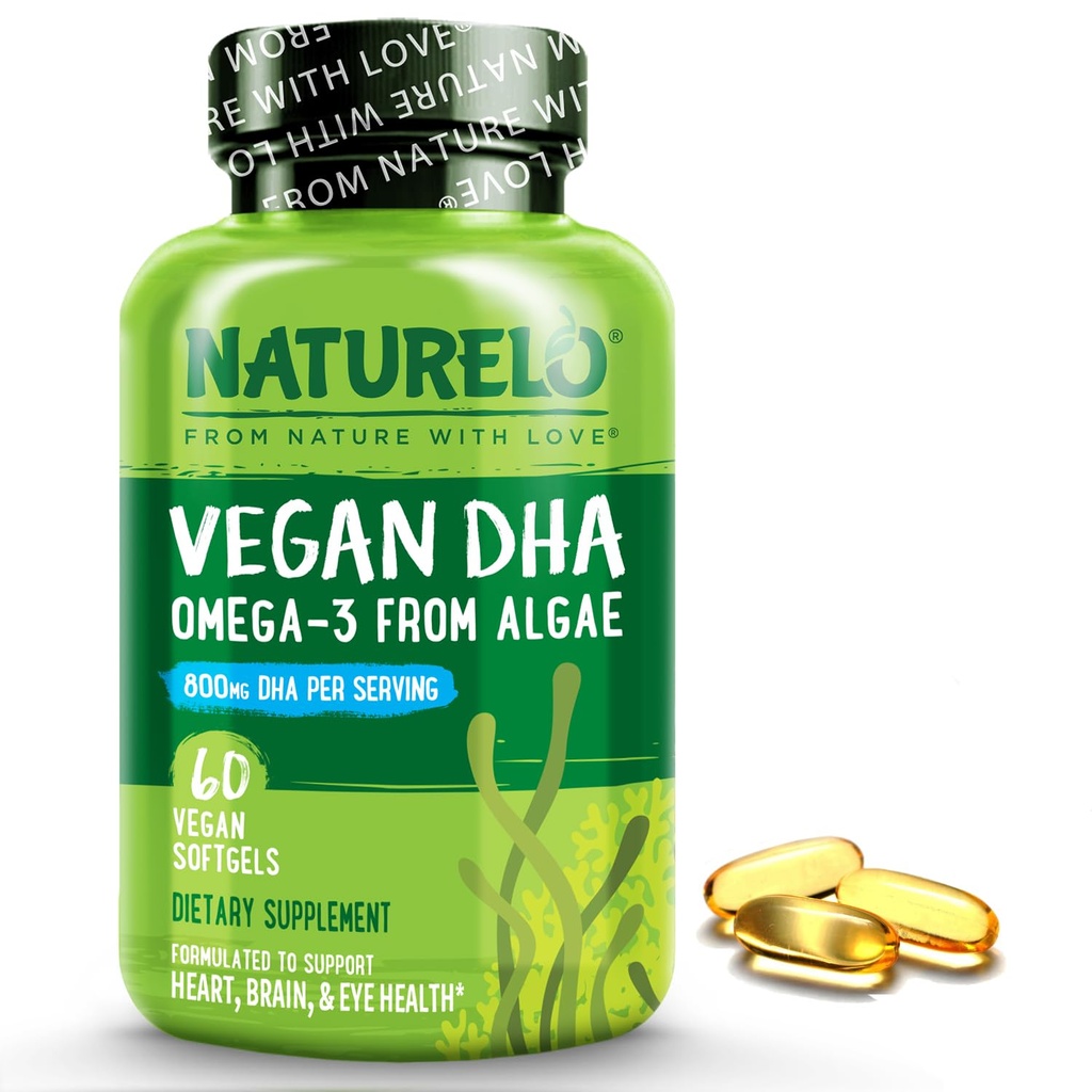 NATURELO Vegan DHA - Omega 3 olio da alghe - Supplemento per cervello, cuore, giunto, salute degli occhi - Fornisce acidi grassi essenziali per le donne, gli uomini e i bambini - Complementi Vitamine prenatali - 60 Softgels