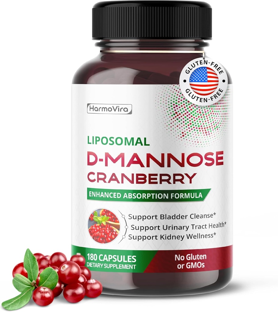 Liposomal D-Mannose Cranberry Supplement – 180 capsule | Uva Ursi, Hibiscus, Black Pepper | Formula di assorbimento potenziato | Non OGM, Senza glutine