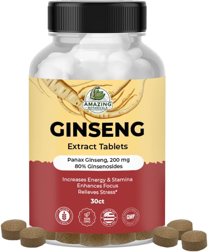 Stupefacente Botanical Panax Ginseng Extract Compresse - 200mg Altamente Potente 80% Ginsenosides per Energia & Relax - Integratore naturale di erbe per Booster cognitivo - 30 compresse