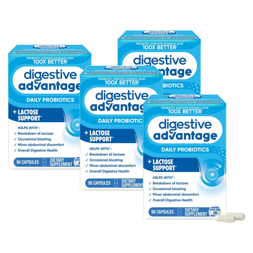 Vantaggio digestivo Enzimi di difesa del lattosio + Probiotici per donne e uomini Bloating occasionale, Lactose Breakdown, Minor Abdominal Discomfort, Supporto immunitario, 96 Conte Capsule (4 Pack)