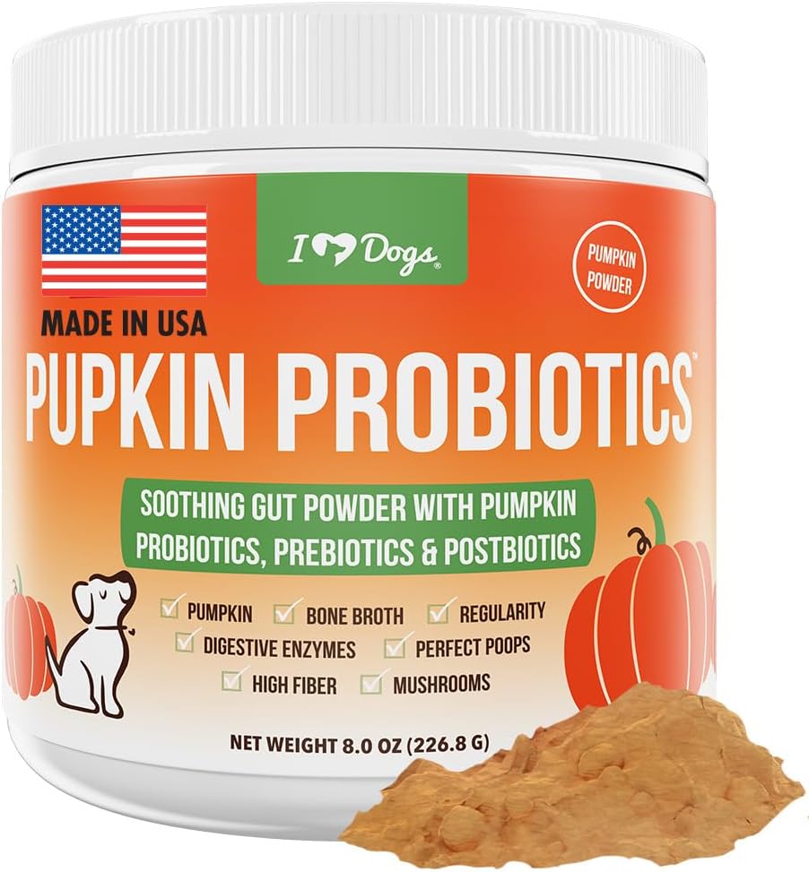 iHeartDogs Probiotici Pupkin, Prebiotici, & Postbiotici per cani con zucca, Gut Soothing Bone Broth & Mushrooms - 30 Scoops