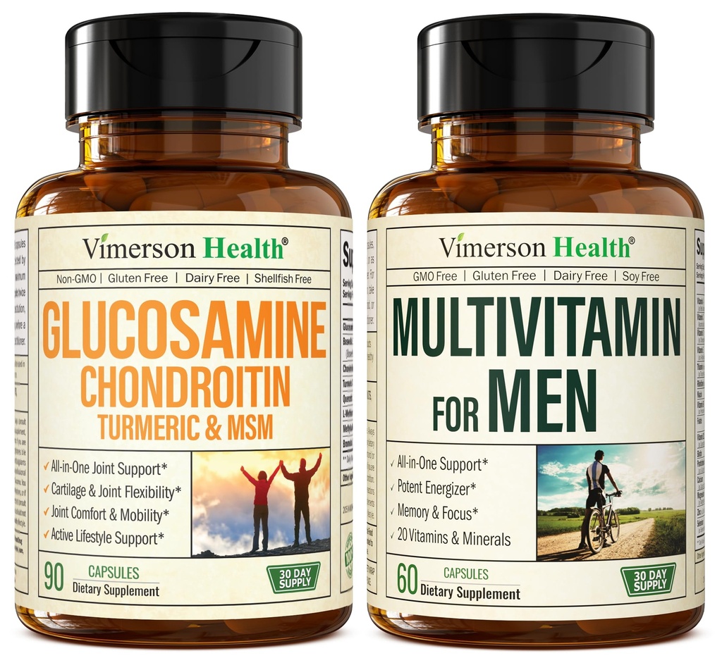 Glucosamina Chondroitin Turmeric MSM + Multivitamin 2-Bottle Supplement Bundle per Lui. Salute comune, Risposta infiammabile, Supporto immunitario, Proprietà antiossidanti