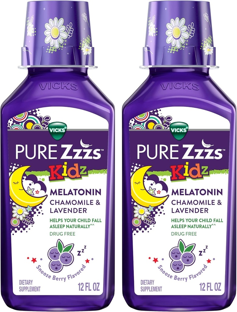 Vicks Pure Zzzs Kidz Melatonin, Kids Melatonin Liquid, Sleep Aid, Drug-Free, Liquid Melatonin 1mg, con camomilla & Lavender, Melatonin Sleep Aids for Kids, Snooze Berry Flavored, 2 Pack, 24 FL OZ