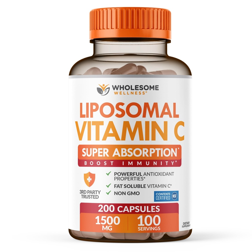 Intero benessere Liposomal vitamina C capsule (200 pillole 1500mg tamponati) ad alto assorbimento, Immune System & Collagen Booster, High Dose Fat Soluble Immunity Support Ascorbic Acid, Natural Vegan