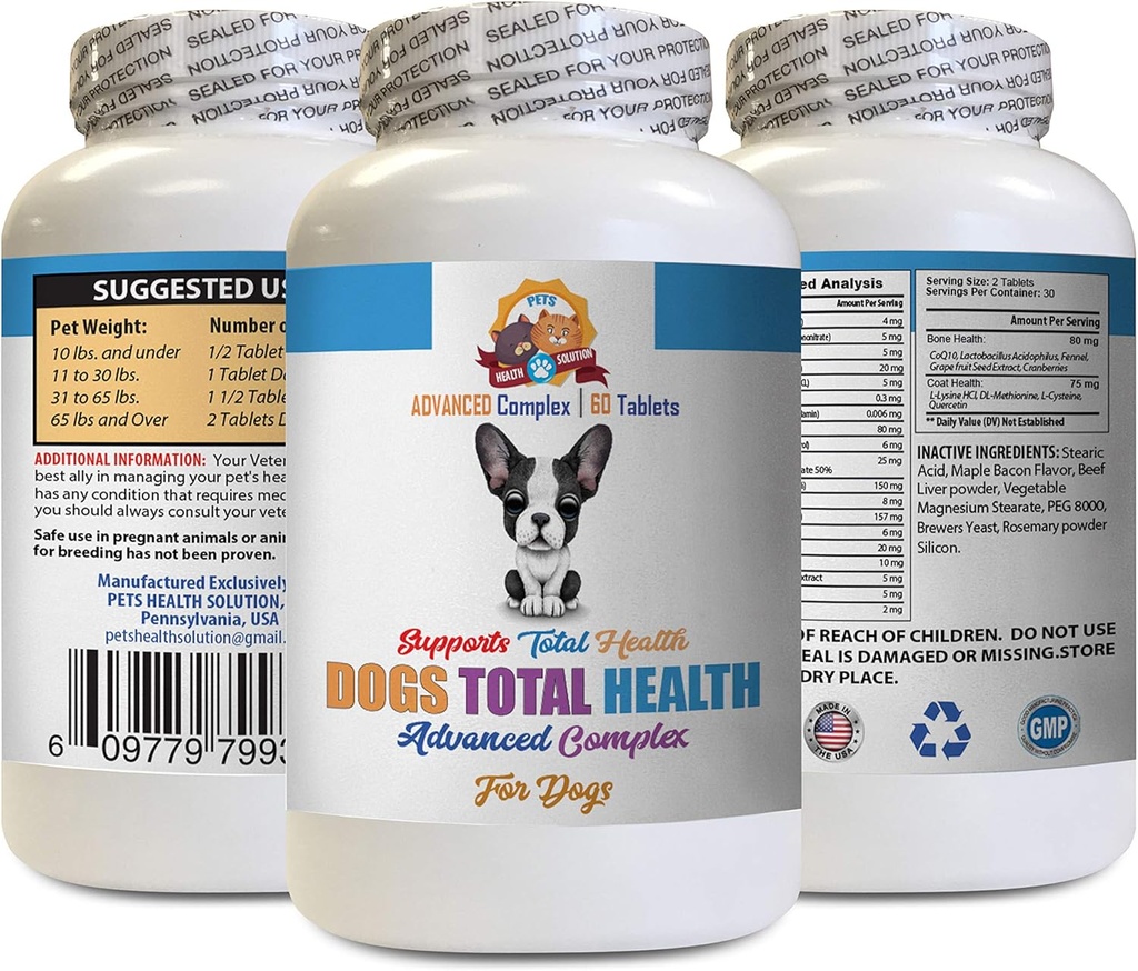 Vitamine per Cani Occhi - Cani Formula Totale Salute - Supporto Avanzato - Cappotto Cappotto Teeth Gums Cura urinaria - Vitamina e per Cani Pelle - 60 compresse (1 Bottiglia)
