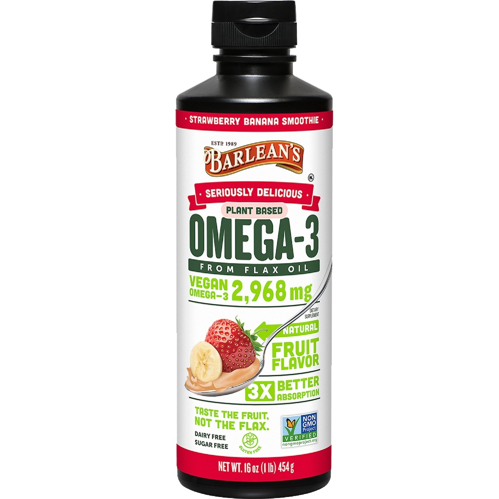 Vegan Omega 3 6 9 9 di Barlean's Olio Liquido Integratore, Fragola Banana Smoothie, Flax Seeds Olio con 2,968 mg ALA Grassty Acid, Non-GMO e Gluten Free, 16 oz