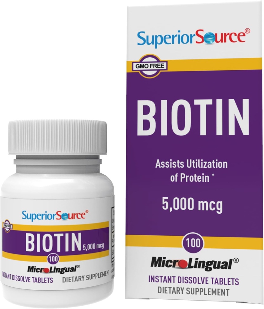 Sorgente superiore Biotin 5000 mcg. Sotto la lingua rapidamente dissolvere le compresse microLingual, 100 Conte, Supporta i capelli sani, la pelle e la crescita delle unghie, aiuta a sostenere il metabolismo energetico, non OGM