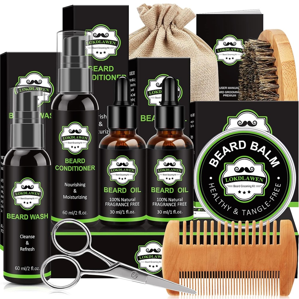 Kit cuscinetto per gli uomini con lavaggio del cuscinetto, Condizionatore del cuscinetto, Olio del cuscinetto, Balm del cuscinetto, Spazzola, Pettine, Forbici, Borsa di stoccaggio, Regali per gli uomini