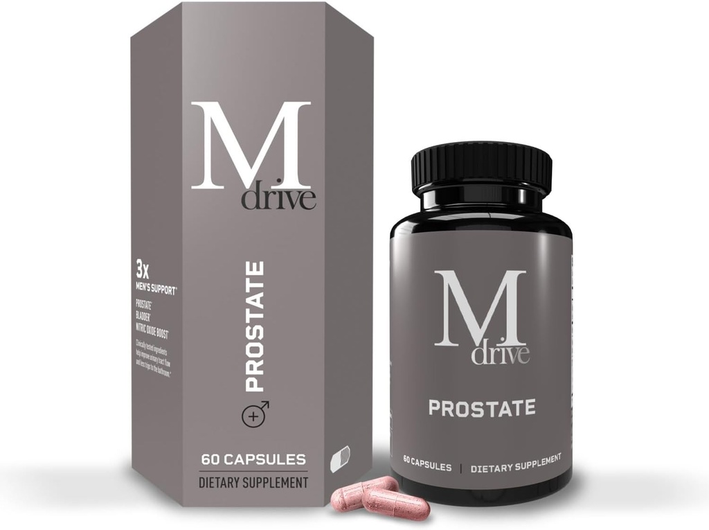 Mdrive Prostate Prostate Support Supplemento per la salute degli uomini, promuove la salute del tratto urinario, supporta il flusso normale, la frequenza e il svuotamento della vescica, Flowens estratto di mirtillo, S7 N.O. Booster, 60 capsule