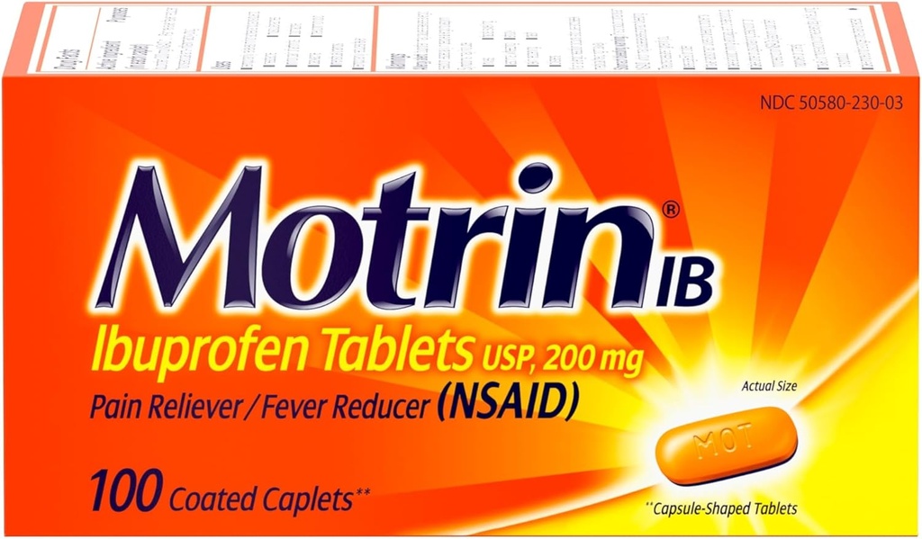Motrin IB, Ibuprofen 200mg compresse, Riduttore di dolore e febbre per dolori muscolari, mal di testa, mal di schiena, dolori mestruali e dolore minore artrite, NSAID, 100 Ct