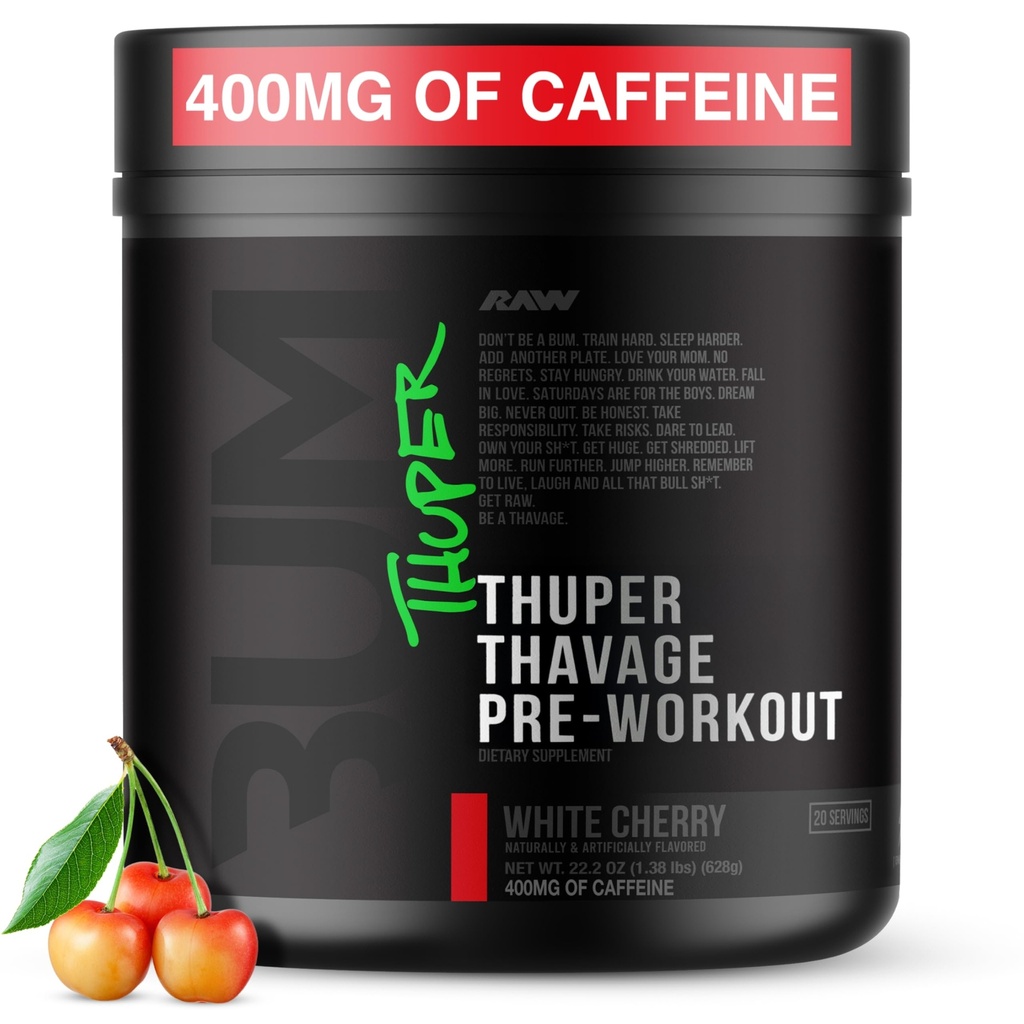 Polvere di allenamento di Thavage di Thuper RAW - Preallenamento ad alto livello con creatina, beta alanina, L-citrullina e caffeina - Chris Bumstead Gym & Fitness Supplemento per gli uomini e le donne - Ciliegia bianca