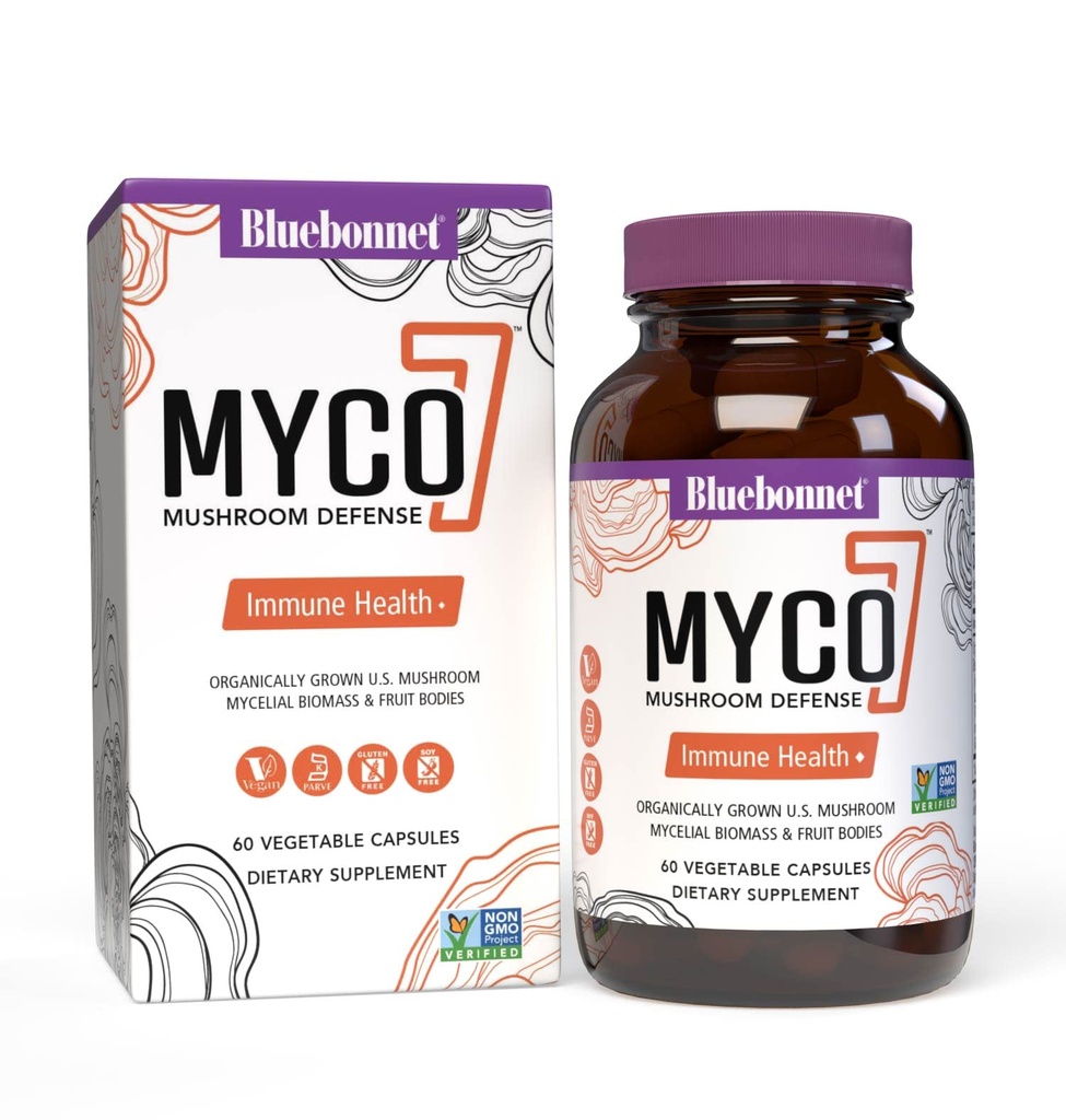 BlueBonnet Nutrition Myco-7 Mushroom Defense – 7 Organically Grown U.S. Whole, Full-Cycle Mushrooms – per Immune & Wellness - Soy-Free, Gluten-Free, Non-OGM, Kosher e Vegan – 60 capsule vegetali