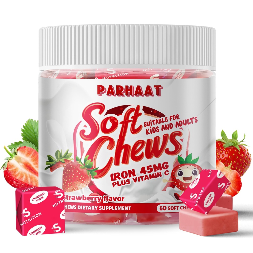 Ferro morbido masticare supplemento con vitamina C | Strawberry aromatizzato | Gluten Free | Iron Supplemento per donne uomini e bambini | 60 conte | 2 mesi di alimentazione