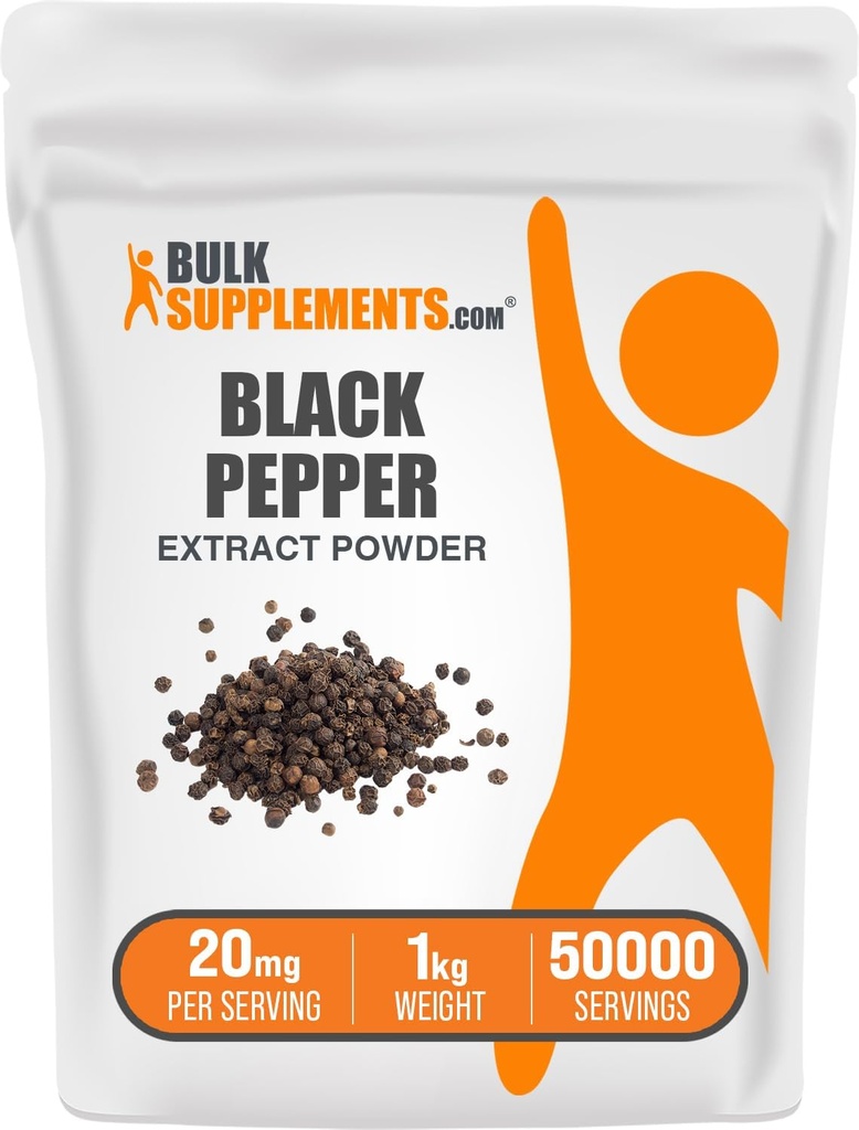BulkSupplements.com Polvere di estratto di pepe nero - Integratori di pepe nero, Integratori di piperina - Vegan & Gluten Free, 20mg per porzione, 1kg (2.2 lbs) (Pack of 1)