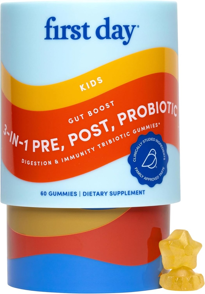 PRIMO GIORNO Bambini 3-in-1 Probiotici Gummies – Prebiotico + Probiotico + Postbiotico Supplemento – Supporta la salute digestiva e orale, Funzione e livelli di energia immune – Alimentazione di 30 giorni