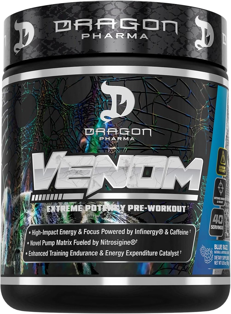 DRAGON PHARMA Venom Extreme Potency Pre-Workout, Laser Sharp Focus + Energy, Performance Intensa, Ingredienti Proven per Vasodilation & Endurance (40 Serve, Blue Raspberry)