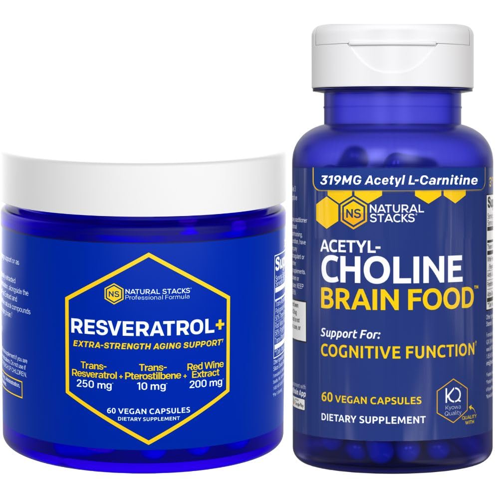 NATURAL STACKS Acetilcolina Brain Food + Integratore Resveratrolo Bundle - Supporta la funzione cognitiva e l'invecchiamento del cervello* - 120 capsule totali