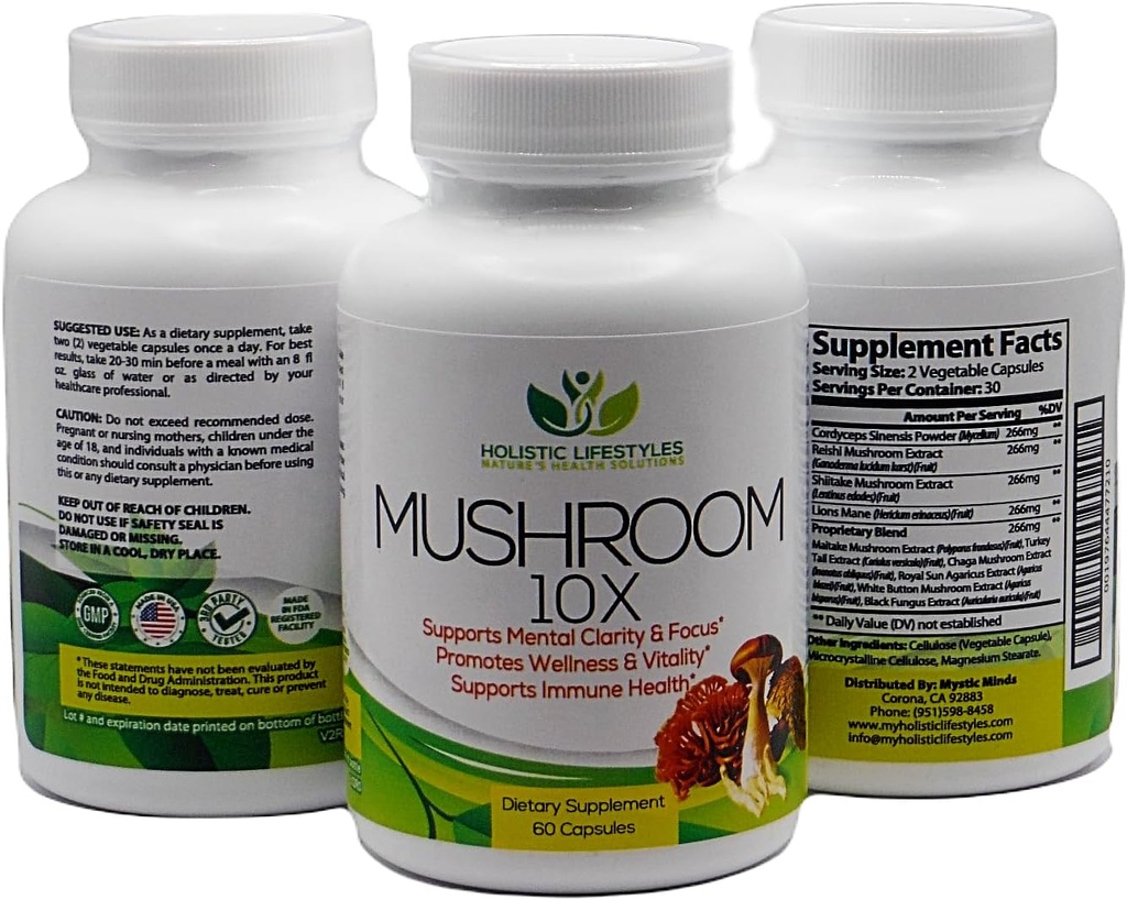 Mushroom 10X Mushroom Complex 10-in-1 Supplemento 1330 mg 60 capsule w/leoni Mane Supporti Focus & Mental Clarity,Vitality, Mood Enhancement & Immune Support