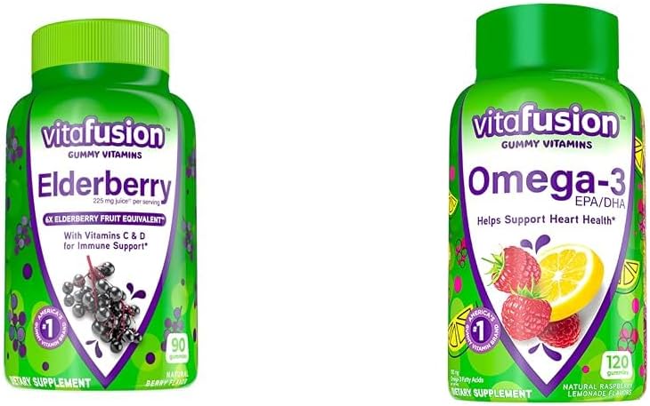 Vitafusion Elderberry Gummy Vitamine 90ct & Omega-3 Gummy Vitamine Berry Limonata aromatizzata 120ct