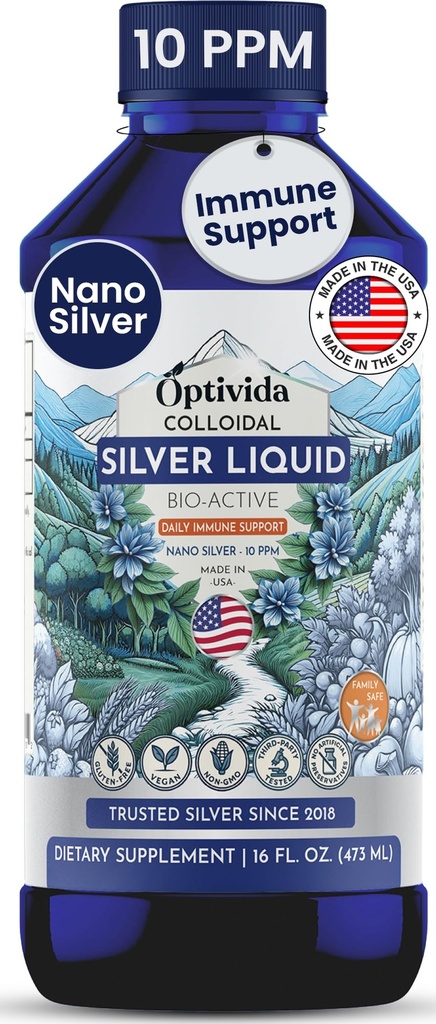 Liquido d'argento colloidale Optivida Health Nano (1 LB) – Integratori di supporto immunitario con idrosol d'argento, Liquido per il supporto immunitario, Argento Colloidale per il sistema immunitario, 10 PPM.