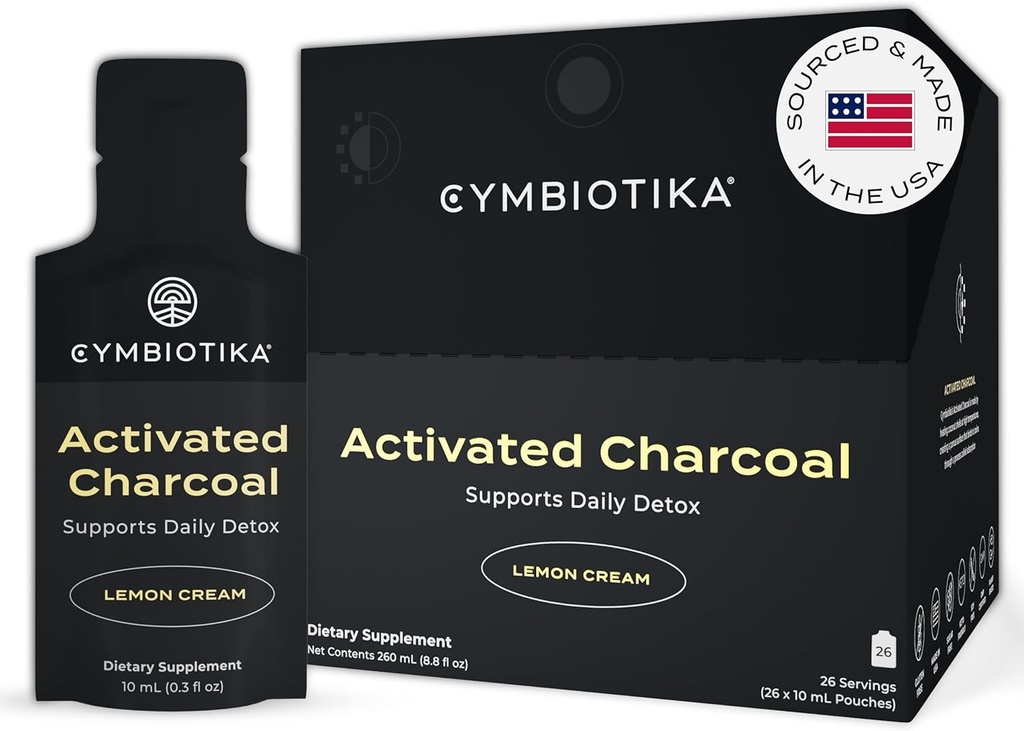 CYMBIOTIKA Integratore Liquido Charcoal attivato Packets da Coconuts per Bloating, Gut Health & Digestive Support, Aiuta Detox, Vitamina E, Crema Limone Flavor, Vegan, 26 Pack
