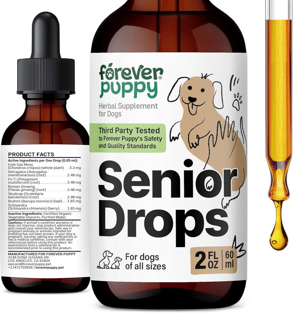 Forever Puppy Senior Dogs Drops - Immune & Brain Support Complex for Elderly Dogs of All Breeds & Sizes - Vitamine e Integratori per Animali Anziani - Integratori Alimentari - 2 oz