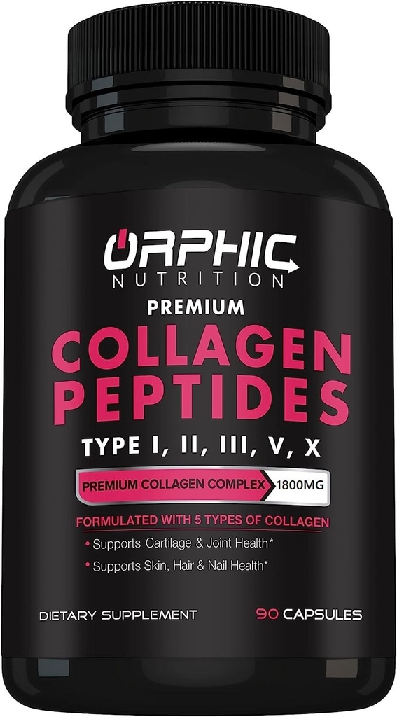 ORPHIC NUTRITION Collagen Peptides capsule per le donne, 1.800 mg Pillole Multi Collagene Tipo I, II, III, V, X - Supporta la salute digestiva Mantenendo forti articolazioni, Tendoni, Ligamenti e Muscoli* 90 Caps