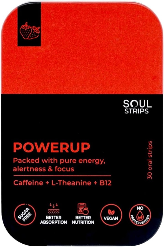 Soul Strips Power Up - Workout + Energy Oral Strips with Caffeine, L-teanina, Vitamina B12, Strawberry Flavor, Migliora il metabolismo, Assorbimento rapido, Uso quotidiano, Zero Sugar, Vegan, 30 Strips Pack