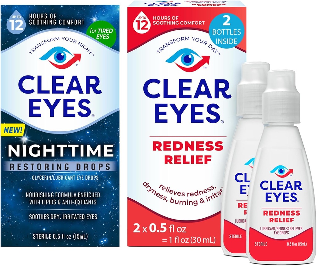 Bundle of Clear Eyes Nighttime Ripristino degli occhi Gocce, Rilievo notturno Gocce asciutte dell'occhio, 0.5 Fl Oz + Occhi chiari Gocce di sollievo dagli occhi, 0.5 oz, Dual Pack
