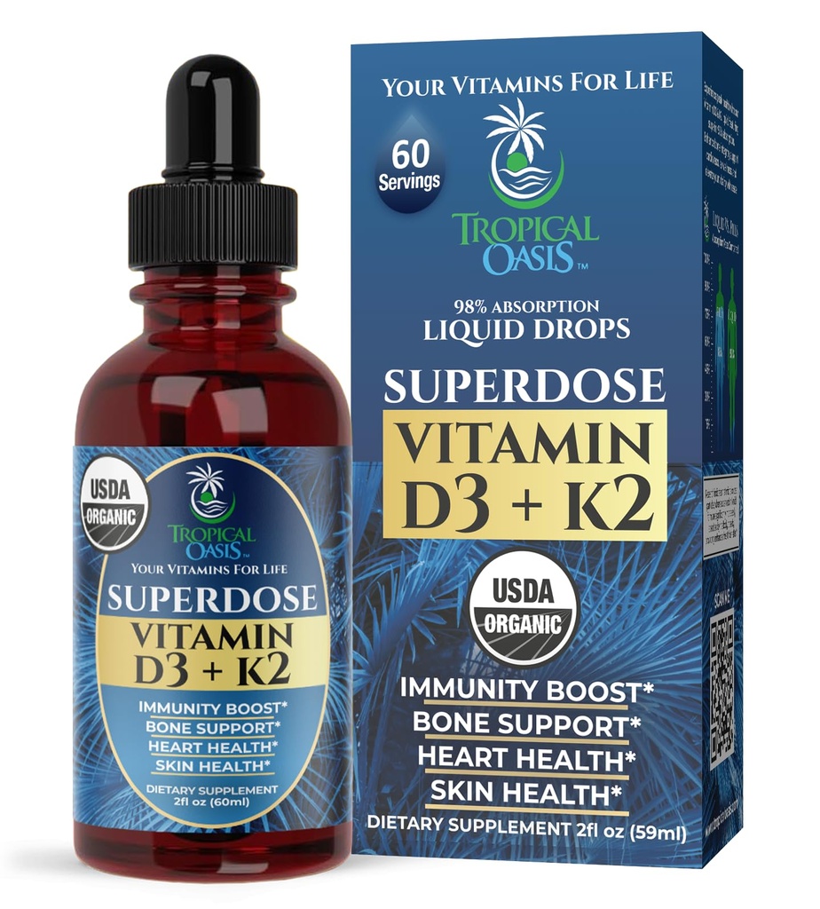 USDA Organic Liquid Vitamin D3 K2 Gocce per adulti | Superdose 8000IU Pure Vitamin D3 | 60 Serv | Vitamina D K2 Supplemento per il supporto immunitario & Bone Salute | 98% Assorbimento | Vegan, Non OGM | 2 Fl Oz