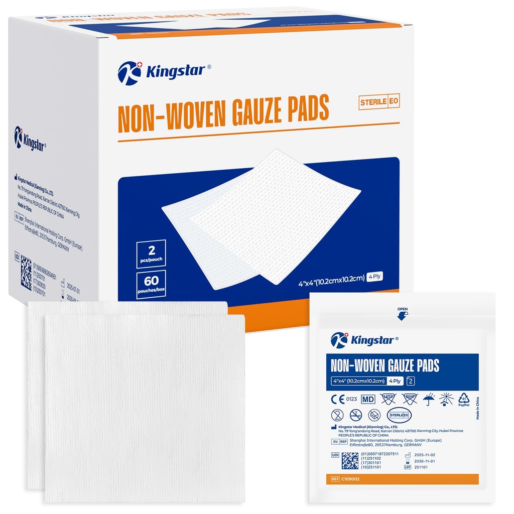 Cuscinetti di garza non tessuto Sterile Kingstar, 4"x 4" Vestito di tessuto, 60 confezioni - 120 pezzi Cuscinetti spugna morbida superiore, Compresse di Gauze assorbenti superiori per la cura del trauma o post-operatorio