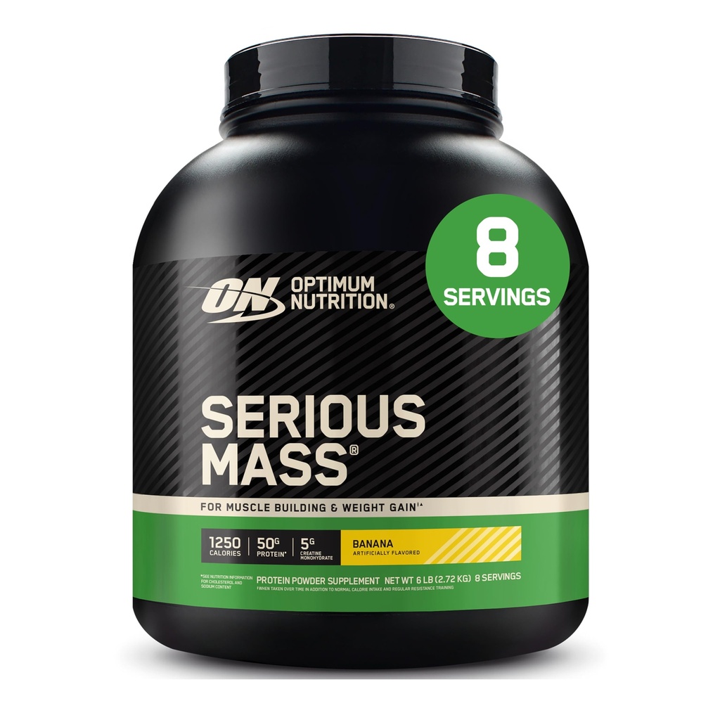 Optimum Nutrition Serious Mass, Peso Gainer Protein Powder, Mass Gainer, Vitamina C e Zinc per Supporto Immune, Creatina, Banana, 6 Pound (Packaging May Vary)