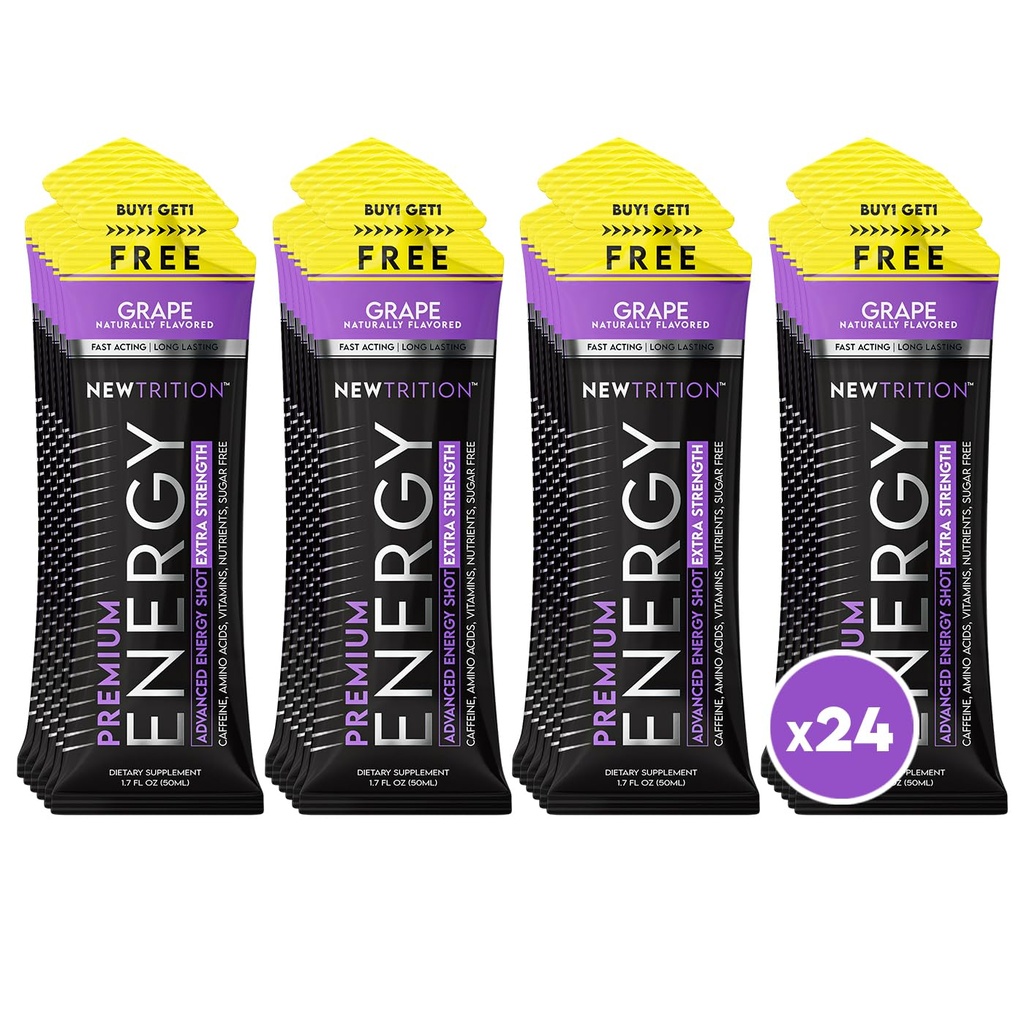 NewTrition® Extra Strength Energy Shots, 250 mg di caffeina Energy Shots con vitamina B & Aminoacidi, Zucchero-Free Vitamin Energy Shot, 1.7 fl oz (Pack of 24, Uva)