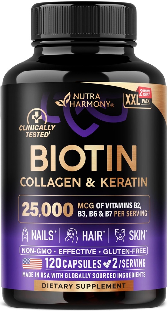 Biotin | Collagen | Acido ialuronico | Keratin - Integratore clinicamente testato - Supporto per la crescita dei capelli, Skin & Nails - 25000 mcg Vitamine B2, B3, B6 & B7 + B1 - Made in USA - Donne & Men | 120 Capsule