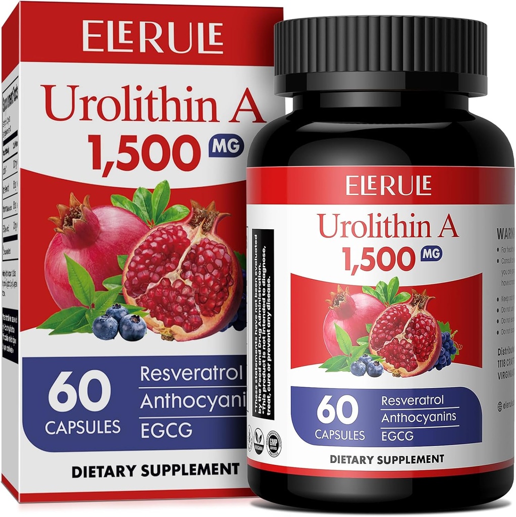 Urolitina A Supplemento 1000 mg Plus Trans-Resveratrolo, Anthocyanins, Tè verde, Promoting Aging sano, Supporta cellulare ed energia per gli uomini e le donne, 60 capsule