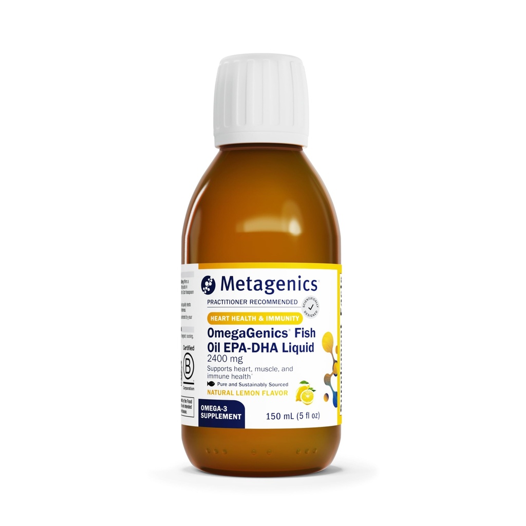 Metagenics OmegaGenics EPA-DHA 2400 mg - Integratore di olio di pesce liquido ad alta potenza per la salute del cuore e il supporto immunitario* - Sostenibilmente Source - Limone Flavor - Non-GMO & Gluten-Free - 30 Serve
