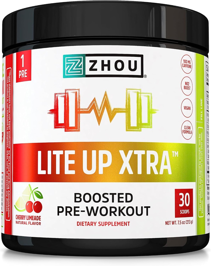 Zhou Lite Up Xtra - Polvere pre-allenamento senza zucchero per le donne e gli uomini, integratore pre-allenamento con caffeina per l'energia pulita, supporto di aminoacidi, Hydrate & Focus, pianta a base - 30 Scoops