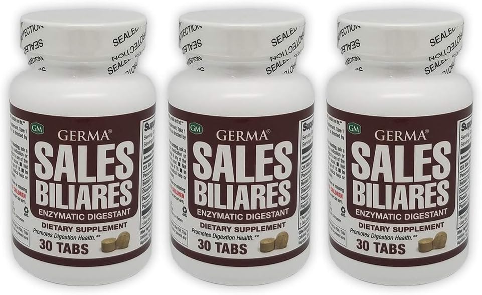 Germa Bile Salts Integratore alimentare naturale. Digestivo enzimatico. Aiuti alla digestione di amido, proteine e grassi. 30 compresse. Confezione da 3