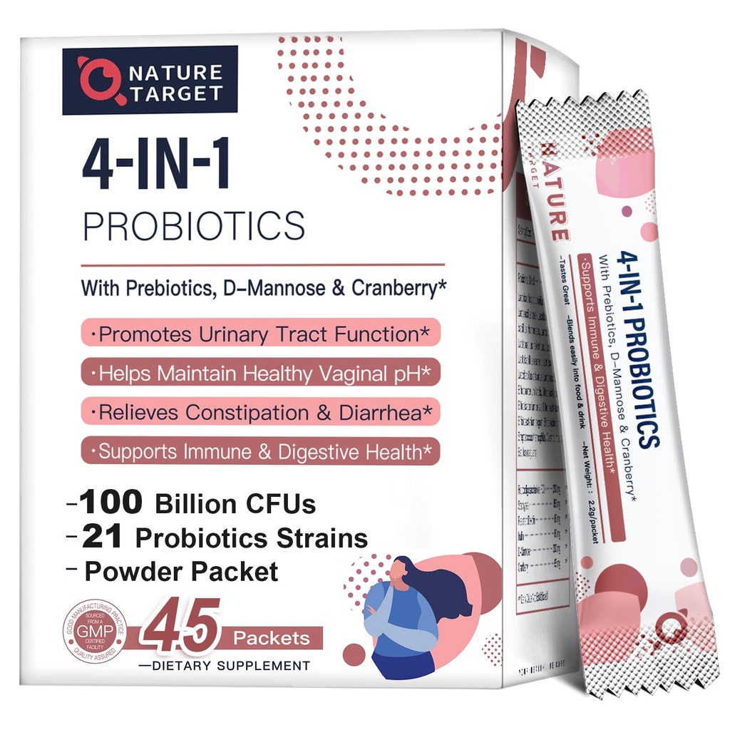 NATURA TARGET Probiotics-for-Women Prebiotics-and-Probiotics-Powder, 100-Billion-CFUs 45-Day-Supply, Donna-Probiotico con D-Mannose e Mirtillo per la salute urinaria