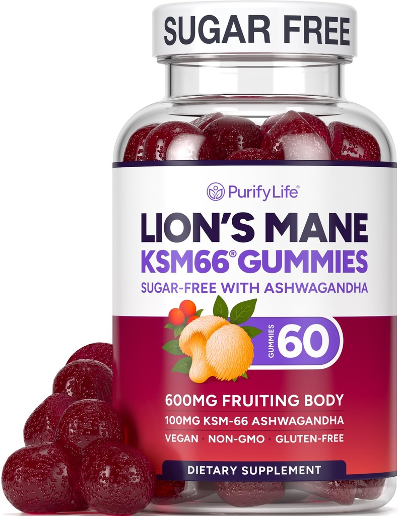 Zucchero gratis Lions Mane Supplemento Gummies con KSM-66 Ashwagandha - Nootropic Supplemento per cognizione, Cervellone, Clarity mentale, Focus & Stress Support - Natural Berry Flavor, Vegan, Made in USA